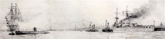 William Lionel Wyllie (1851-1931) HMS Renown leaving for the Antipodes, 3 x 11.75in.